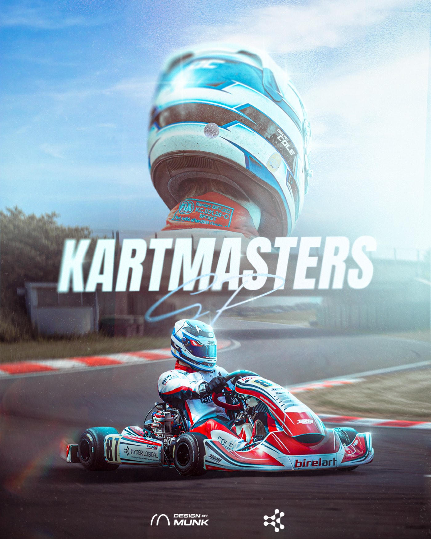Race-week graphic for Kartmasters — helmet close-up above a kart mid-corner