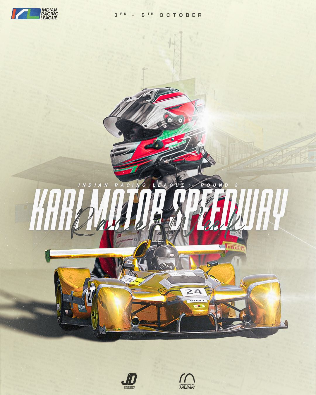 Race-week graphic for the Indian Racing League at Kari Motor Speedway — vintage paper texture, gold prototype