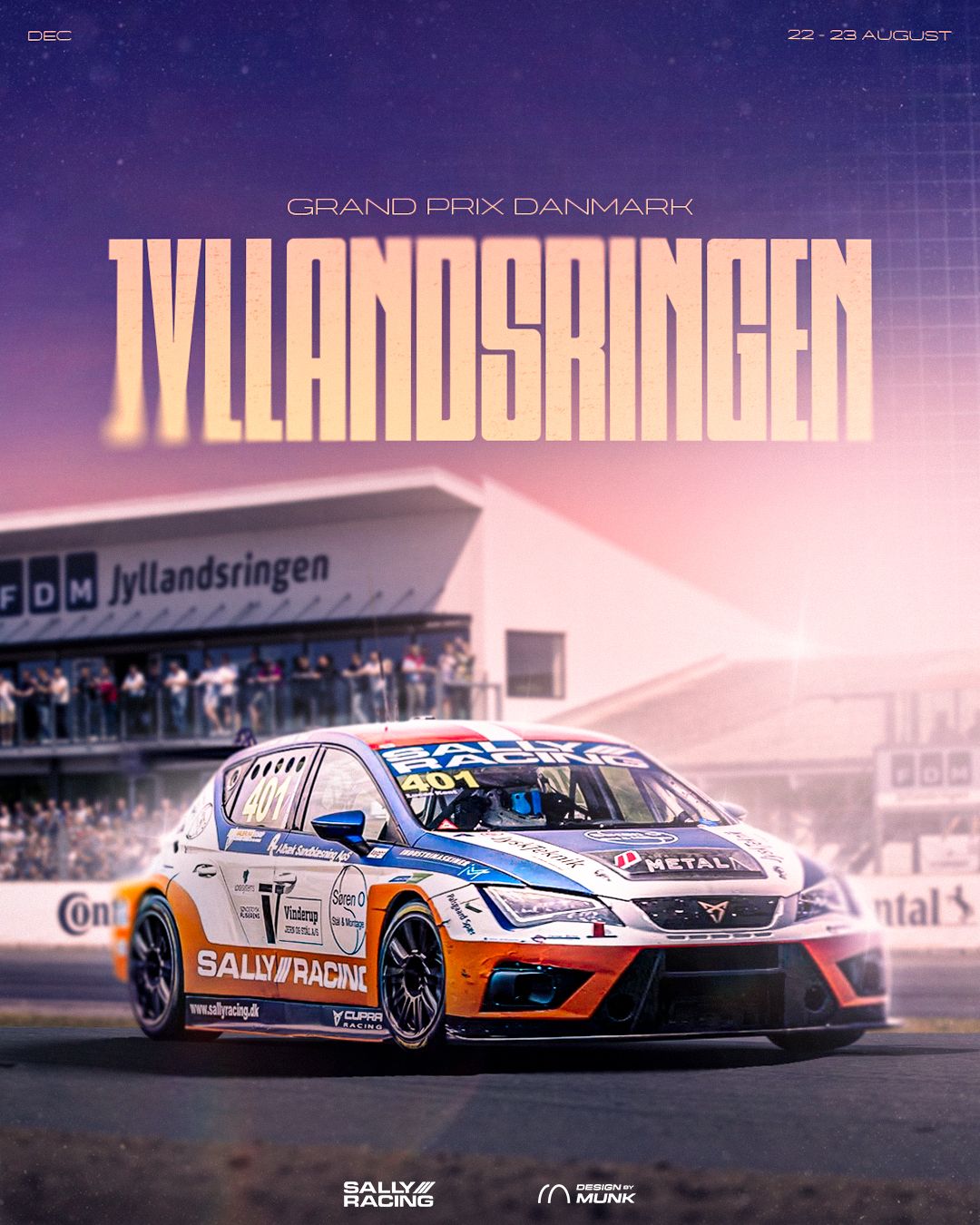 Race-week graphic for a Sally Racing TCR car at Jyllandsringen — helmet above the touring car